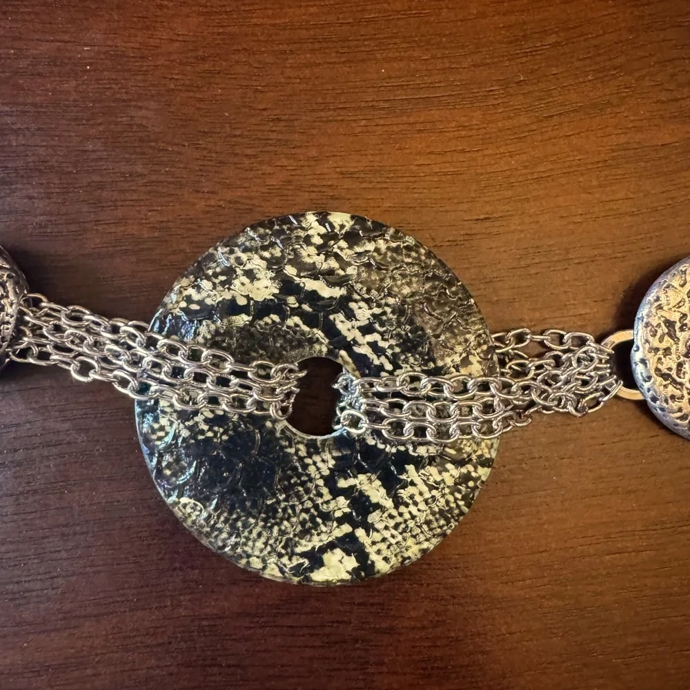 Chico's Silver Chain Snakeskin Statement Belt with Textured Discs